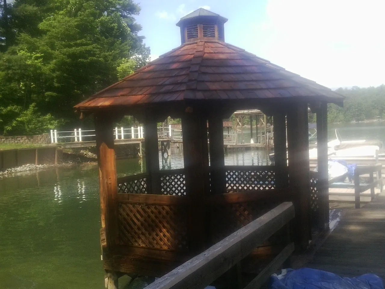 Cedar shake gazebo roof rebuilt on a lake dock in Due West